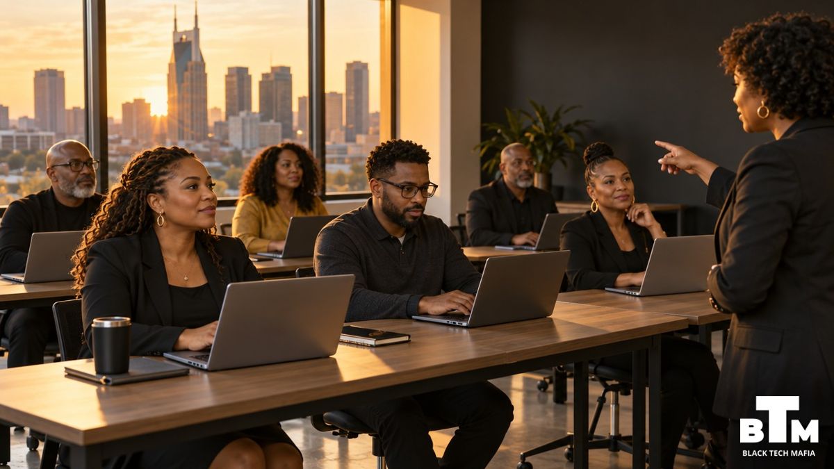 Adults working with AI in a training room